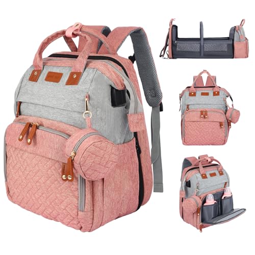 JOYCE Diaper Bag Backpack with Changing Pad, Water-Resistant, Pinkish Gray | Portable changinag pad, insulated bottle pockets, stroller straps, pacifier case, Multi-Compartment storage - color: Pinkish Gray