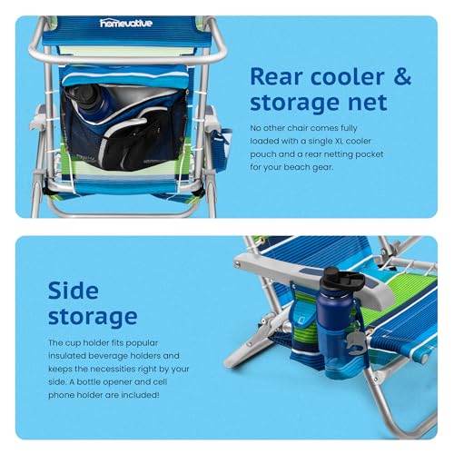Homevative Cooler+ Folding Backpack Beach Chair with 5 Positions, Towel bar, XL Cooler Pouch, Storage Net, Cup and Phone Holder, Deep Sea, 2 Pack - color: Deep Sea