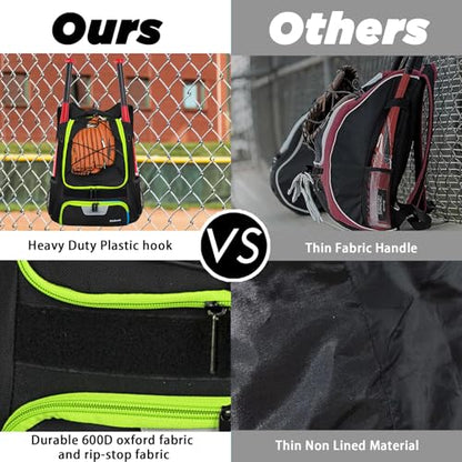 Goloni | Baseball Backpack,Baseball Bag for Adult,Softball Bat Bag with Shoes Compartment,Large Main Compartment for Helmet & accessories, Fence Hook - color: Lemon green