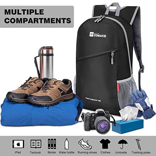 ZOMAKE Lightweight Packable Backpack 20L,Foldable Backpacks Small Daypack for Hiking Water Resistant Day Bag for Travel(Black) - color: Black