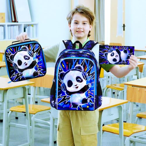 16" Panda Backpack for Boys, 3Pcs Kids Kindergarten Preschool Elementary Bookbag Set, School Backpacks with Lunch Box(Blue) - color: Panda Blue
