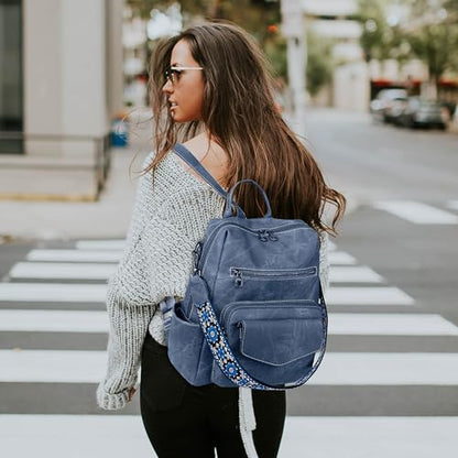 WYFJNX Backpack Purse for Women PU Leather Backpack Ladies Fashion Handbag Designer Shoulder Bag Small Travel Bag Blue - color: Blue