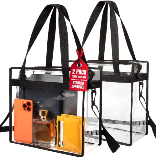 Handy Laundry Clear Bag 12x6x12 Stadium Approved - Transparent Tote Zippered Top & Shoulder Straps for Work, Sports, Concerts - color: Black-2 Packs