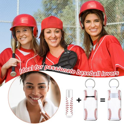 24 Sets Baseball Party Favors Lip Balm and Lipstick Holder Keychain Bulk Sport Ball Team Gifts Natural Moisturizing Lip Balm Keychains Portable Pouch for Team Baseball Sports Party Supplies - style: Baseball