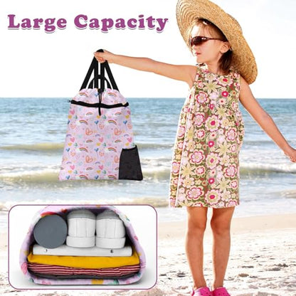 Pink Rainbow Drawstring Backpack, 15” x 17” Waterproof Swim Bag for Beach Swimming Pool, Lightweight Foldable Gym Bag with Water Bottle Holder for Sports Travel - color: Pink Rainbow