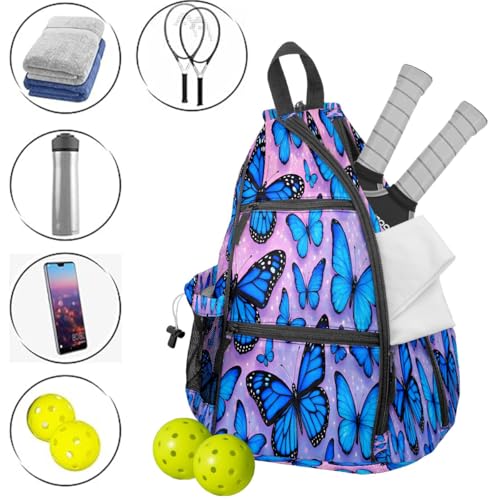 Pickleball Bag for Women & Men – Lightweight Sports Backpack with Paddle Compartments, Dual Carry Modes, Detachable Zippered Strap, Brown Leopard, Great Gift Option for Players - color: Blue Butterflies