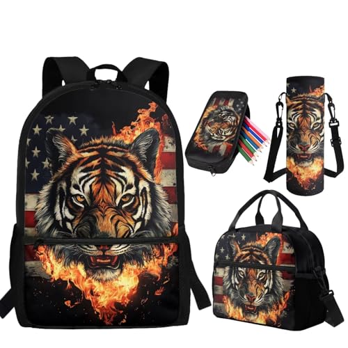 American Flag Tiger Backpack Set for Boys School Backpack with Lunch Bag Water Bottle Carrier Pencil Case 4PCS Set Kids Bookbag for Kindergarten Primary Elementary School Bags with Handle - color: American Flag Tiger