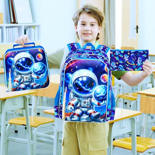 3Pcs Space Backpack for Boys, 16" Astronauts Bookbag with Lunch Box, Kids School Backpacks Set for Elementary Preschool Kindergarten (Blue) - color: Astronaut Blue 01