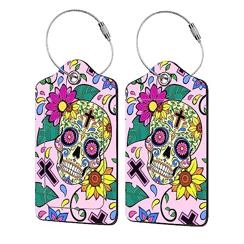 2 Pack Luggage Tags for Suitcases,Sugar Skulls,Cross and Floral Luggage Tag,PU Leather Id Label Luggage Tags with Stainless Steel Loop and Privacy Cover for Women Men Teens Travel - color: Sugar Skulls,cross and Floral