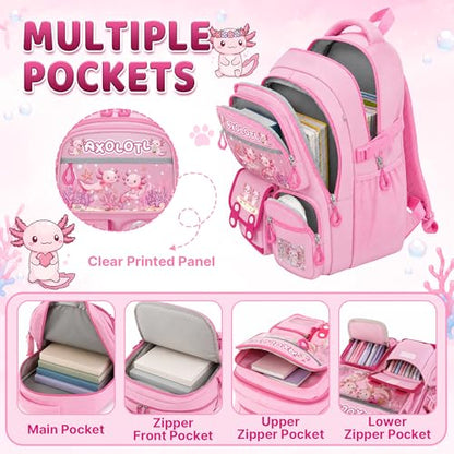 Axolotl Backpack for Girls, 4 PCS Girls Backpack with Lunch Box Set, Cute Kawaii Large Laptop Bookbag, School Bag for Elementary Kids & Teens - color: Axolotl