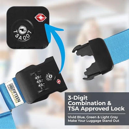 Nylon Luggage Straps for Suitcases | TSA Approved Adjustable Strap w/ 3-Digit Combo Lock | Heavy Duty Belt for 20-32 Inch Suitcases | Travel Luggage Belt Strap for Easy Identification (Neon Blue) - color: Neon Blue