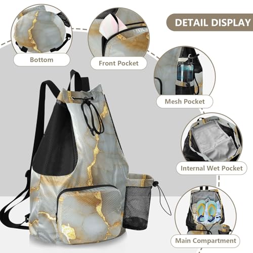 Drawstring Gym Bags For Men Women Sports Gym Bag With Pockets Pull String Bag Waterproof Marble White Gold - color: Color 2