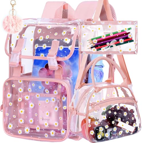 3PCS Pink Clear Backpack, Heavy Duty Transparent Bookbag for Girls Women, Stadium Approved See Through Backpack with Lunch Box (Pink Daisy) - color: Pink Daisy