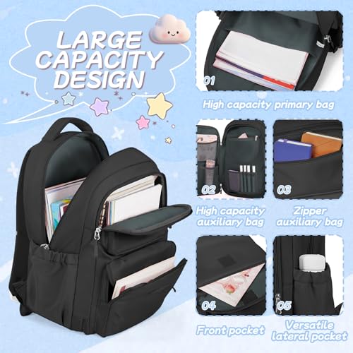 Cute Black Backpack For School Teens Girls Boys, Aesthetic Kids Elementary School Backpacks, Waterproof Middle Students Bookbag, Large Capacity Backpack For College Women Men - color: Black