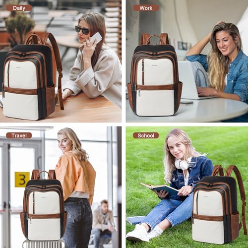 Shrrie Leather 17 inch Laptop Backpack for Women, Large Travel Backpack Purse for Casual Daypack College Work Bag - color: Black With Brown and White