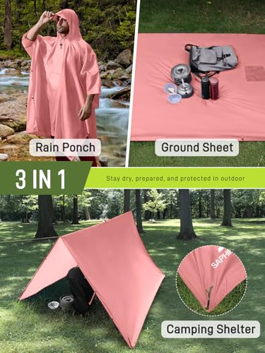 SaphiRose Extra Thick Hooded Rain Poncho Double Layer Waterproof Raincoat Jacket for Men Women Adults - color: Pink (Pause)