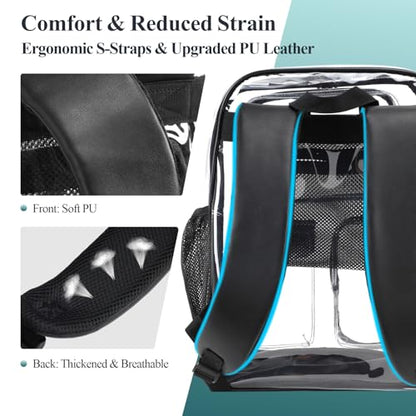 PACKISM Clear Backpack for School - 17 inch Large Heavy Duty Bookbag, Reinforced See Through PVC Transparent Backpack - color: Pu Straps Black 3 Pockets, style: Daypack Backpacks