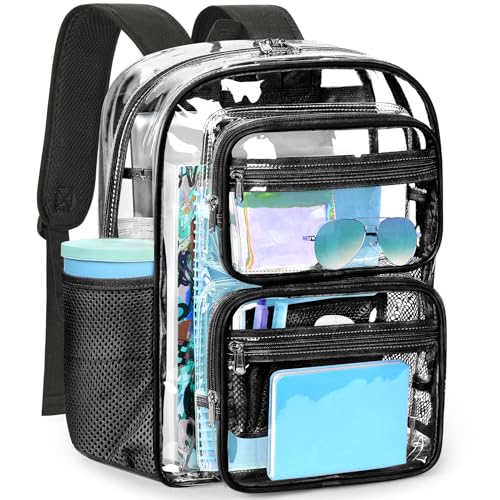 ZORFIN Heavy-Duty Clear Backpack for School and Work, Large Transparent Bag with Reinforced Straps - color: Black, size: Large