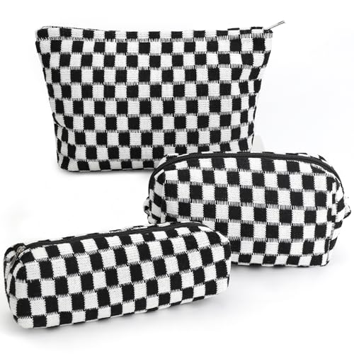 3 Pcs Makeup Bag Cosmetic Bag Set for Girls Women Checkered Travel Organizer Bathroom Toiletry Pouch Large Capacity Storage Bag (Black-White) - color: Black-White
