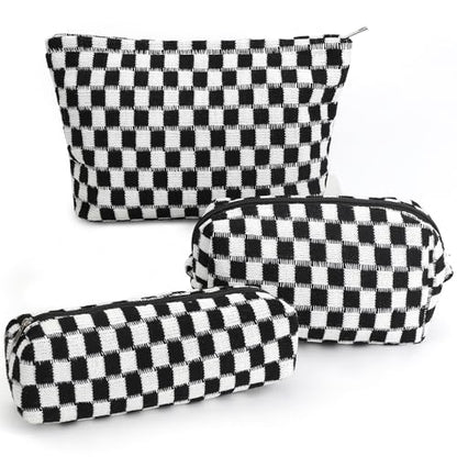 3 Pcs Makeup Bag Cosmetic Bag Set for Girls Women Checkered Travel Organizer Bathroom Toiletry Pouch Large Capacity Storage Bag (Black-White) - color: Black-White