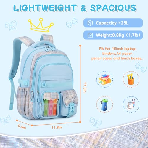 Girls Backpack, 17-Inch Bookbag for Middle & Elementary School, Kawaii Kids Backpack for Girls Ages 6-12(Blue) - color: Blue
