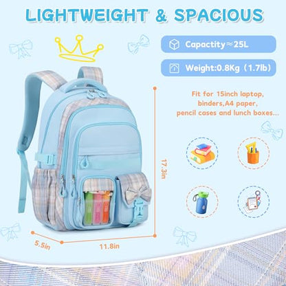 Girls Backpack, 17-Inch Bookbag for Middle & Elementary School, Kawaii Kids Backpack for Girls Ages 6-12(Blue) - color: Blue
