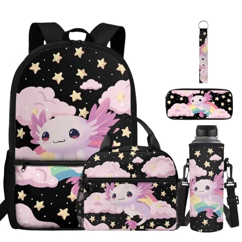 ZDCUSTOM Pink Axolotl Backpack for Kids for School 6-8 Girls Cute Elementary Student Book Bag with Lunch Box, Pencil Case, Water Bottle Cover, Keychain, Girls Preschool Back Pack 5PCS - color: Rainbow Axolotl