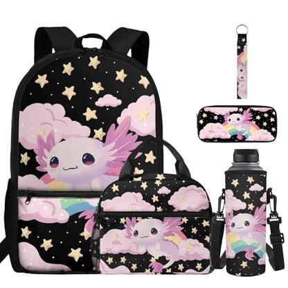 ZDCUSTOM Pink Axolotl Backpack for Kids for School 6-8 Girls Cute Elementary Student Book Bag with Lunch Box, Pencil Case, Water Bottle Cover, Keychain, Girls Preschool Back Pack 5PCS - color: Rainbow Axolotl