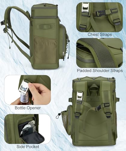 Insulated Cooler Backpack, 35L Leakproof Backpack with Double Compartments for Men & Women, Large Lunch Cooler for Camping, Beach, Travel, Picnic, Up to 48 Cans - color: Army Green