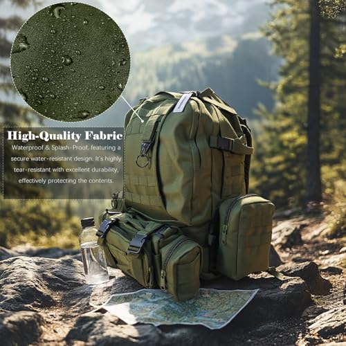 60L Tactical Backpack Military 3-Day Assault Pack, Waterproof Molle System Rucksack with Detachable Bag, Survival Bug Out Backpack for Men & Women(ArmyGreen) - color: Army Green