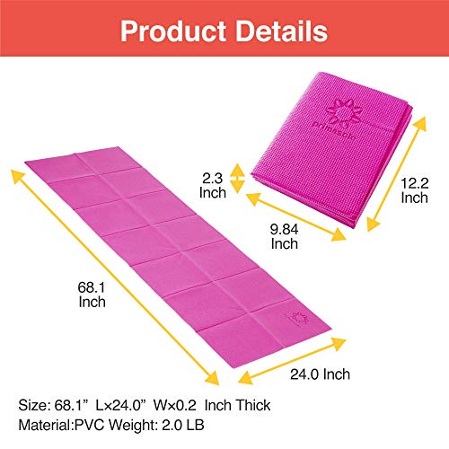 Primasole Folding Yoga Travel Pilates Mat Foldable Easy to Carry to Class Beach Park Tear resistant Travel Picnics 4mm Thick 9 Colors - color: Azalea Pink