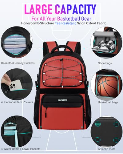 LOINTET Basketball Bag Backpack with Ball Holder Shoes Compartment, Large Basketball Accessories Sports Bag - color: Red