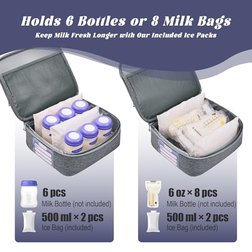 Breast Pump Bag with Insulated Cooler, Double-Layer Pumping Bag for Work & Travel, Fits Most Electric Breast Pumps, Includes 10 Ice Packs & Waterproof Mat, Detachable Bottle Cooler Tote, Grey - color: Grey