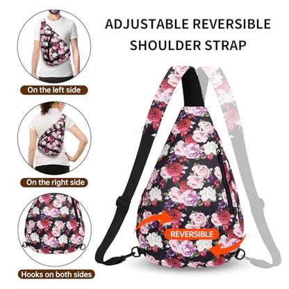 HUA ANGEL Crossbody Sling Bag for Men & Women Lightweight Waterproof Chest Shoulder Bag for Travel Hiking & Everyday Use - color: W-red Purple Flower