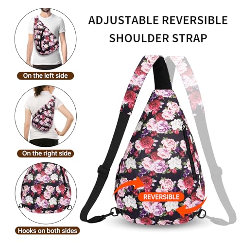 HUA ANGEL Crossbody Sling Bag for Men & Women Lightweight Waterproof Chest Shoulder Bag for Travel Hiking & Everyday Use - color: W-red Purple Flower