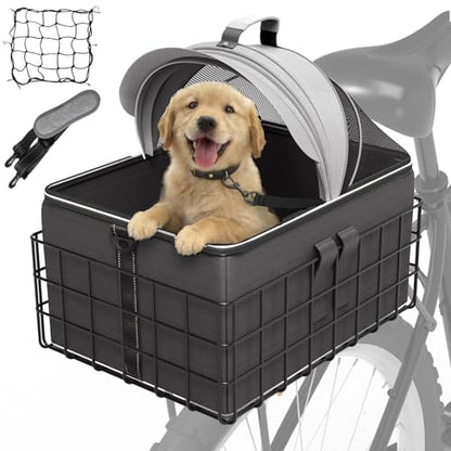 YEEGO DIRECT Dog Bike Basket for Rear Rack, 2-in-1 Pet Carrier & Cargo Basket, Detachable Dog Carrier for Bicycle with Safety Leash, Fits Small Medium Dogs Cats up to 20 LBS, Basket Patented Design