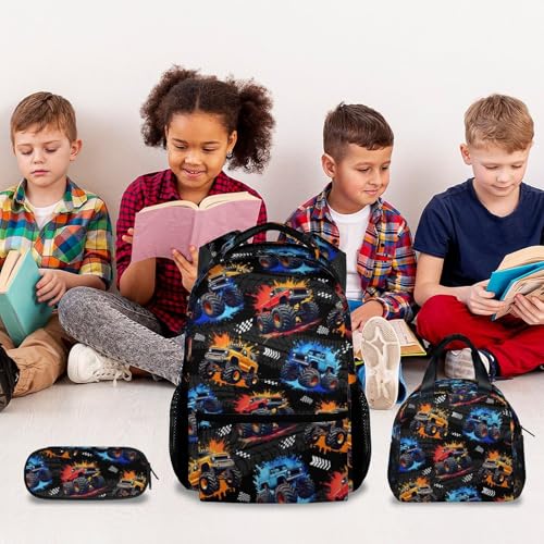 Toddler Backpack Set - 3Pcs Truck Backpacks for Boys - Kids Bookbag with Lunch Box & Pencil Case - Durable School Bag for Kindergarten/Preschool/Elementary (17 Inch) - color: Multicolor