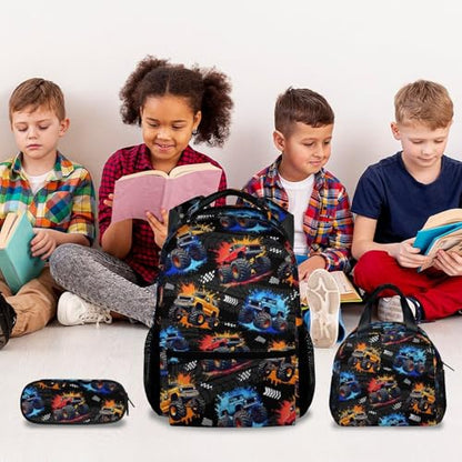 Toddler Backpack Set - 3Pcs Truck Backpacks for Boys - Kids Bookbag with Lunch Box & Pencil Case - Durable School Bag for Kindergarten/Preschool/Elementary (17 Inch) - color: Multicolor