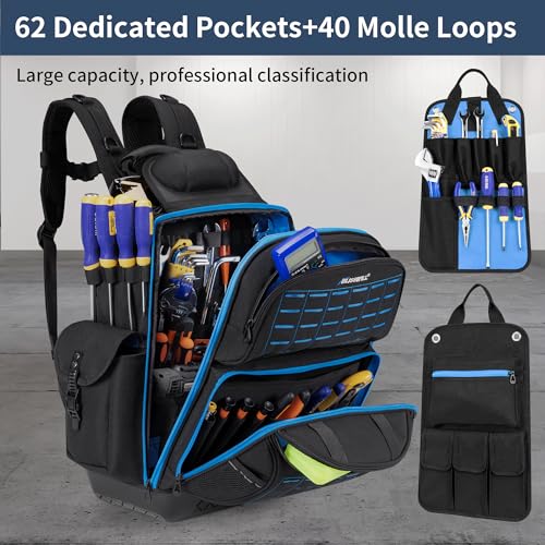 BLISSWILL Tool Bag Backpack for men,Heavy Duty Tool Backpack Bag with Waterproof Molded Base，62 Pockets/40 Loops Heavy Duty Tools Organizer Bags/Electrician/Industrial/Construction Work Backpack - color: Black