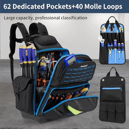 BLISSWILL Tool Bag Backpack for men,Heavy Duty Tool Backpack Bag with Waterproof Molded Base，62 Pockets/40 Loops Heavy Duty Tools Organizer Bags/Electrician/Industrial/Construction Work Backpack - color: Black