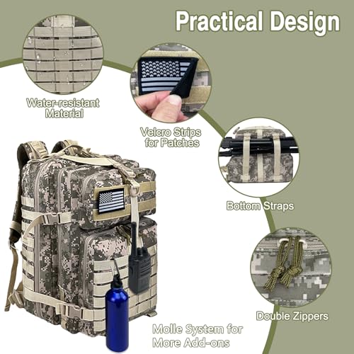 WOLT | Military Tactical Backpack for Men, Large Army 3 Day Assault Pack with MOLLE Bag for Hiking Survival Gear, Range Bag (CamouflageGrey) - color: Camouflagegrey