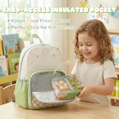 BTOOP Kids Backpack for Boys Girls 3-6, Preschool Kindergarten Backpack with Insulated Lunch Compartment & Chest Strap, Cute Lightweight School Travel Bag Fits A4 Folder - color: Brown Checkered, size: Age 3-6 (14.5" H Fit Folder)