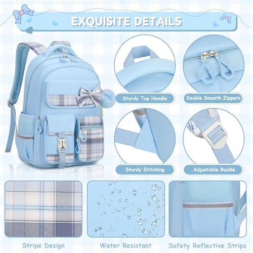 MOONBABY Girls Backpack, Kids Backpack for Girls School Bags with Pen Case, Bow Plaid Book Bag for Elementary Middle Primary High School College, Blue-2pcs - color: Blue