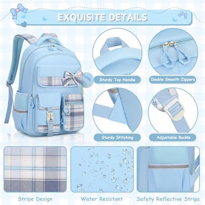 MOONBABY Girls Backpack, Kids Backpack for Girls School Bags with Pen Case, Bow Plaid Book Bag for Elementary Middle Primary High School College, Blue-2pcs - color: Blue