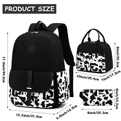Bluboon Backpack for School Teen Girls Bookbags with Lunch Bag & Pencil Case Aesthetic Water Resistant School Bags for Kids - color: Cow Print