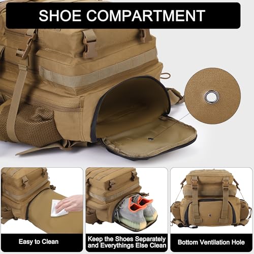 LHI Military Tactical Backpack for Men and Women 45L Army 3 Days Assault Pack Bag Large Rucksack with Shoe Compartment - color: 1.2 Shoe Compartment(khaki)
