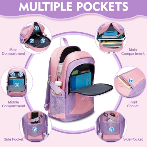 Girls Backpack for Kids Back to School Bag Pink Purple Bookbag Big Child Children Book Bag Ages 8-10 10-12 Years Old Large Gifts Tween Middle High Schoolbag Back to School with Laptop Compartment 18" - color: Purplepink