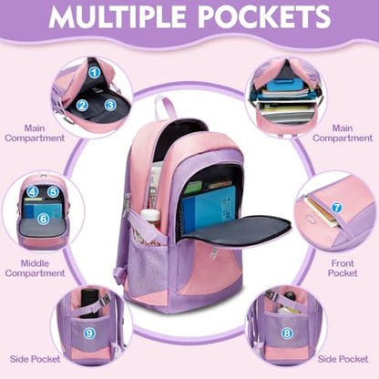 Girls Backpack for Kids Back to School Bag Pink Purple Bookbag Big Child Children Book Bag Ages 8-10 10-12 Years Old Large Gifts Tween Middle High Schoolbag Back to School with Laptop Compartment 18" - color: Purplepink