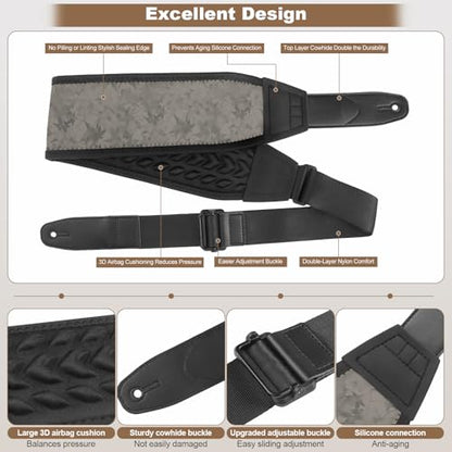Guitar Straps for Electric Guitar Bass, Smooth Guitar Strap, 3" Wide Padded Straps with 3D Sponge Filling, Comes with 4 Picks + 2 Strap Locks + 1 Headstock Tie + 1 Tie Rope, Gray Flowers - color: Smooth Gray Flowers