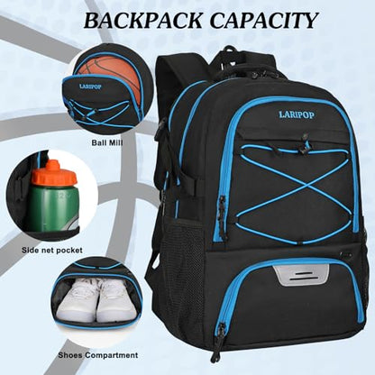 LARIPOP Basketball Backpack Large Basketball Bag with Ball Holder & Shoe Compartment for Adults Men Women - color: TR Blue
